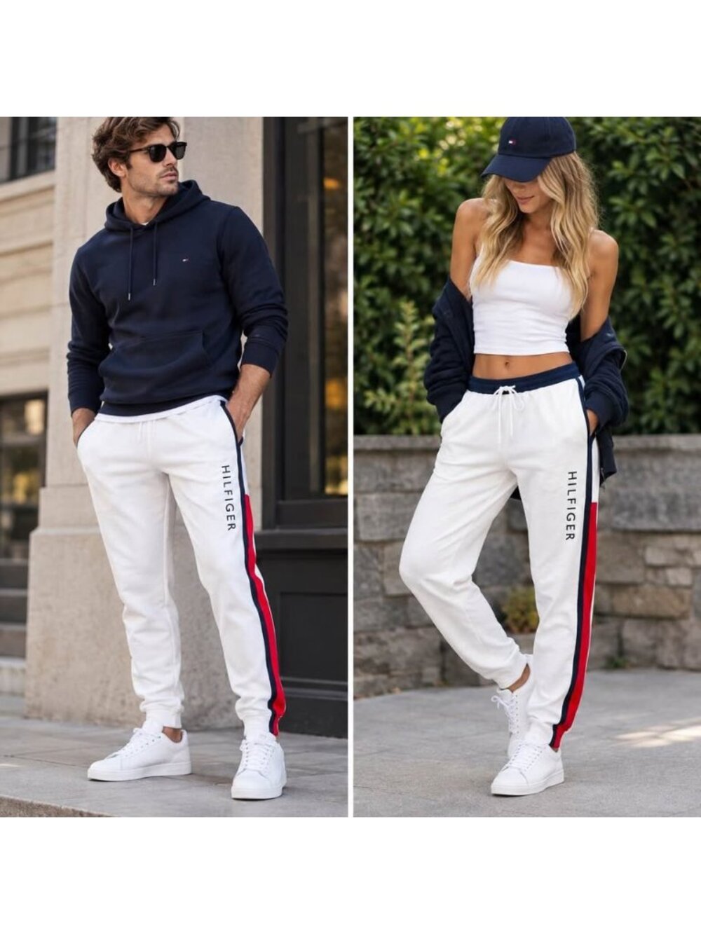 Tommy Hilfiger White Logo Jogger Sweatpants Red Navy Side Stripe